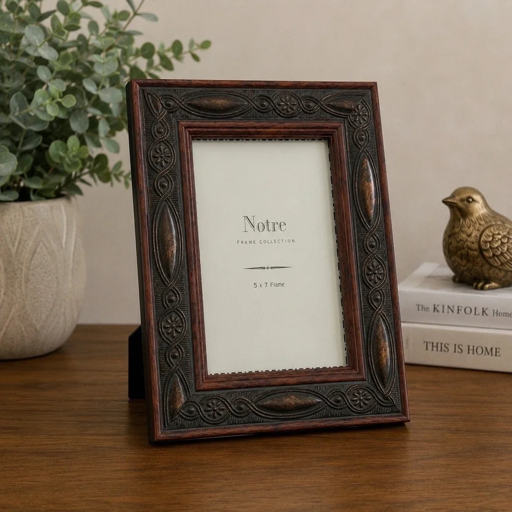 Notre Frame Vintage 5x7 Picture Frame Wood Grain Metallic Floral Relief Decor